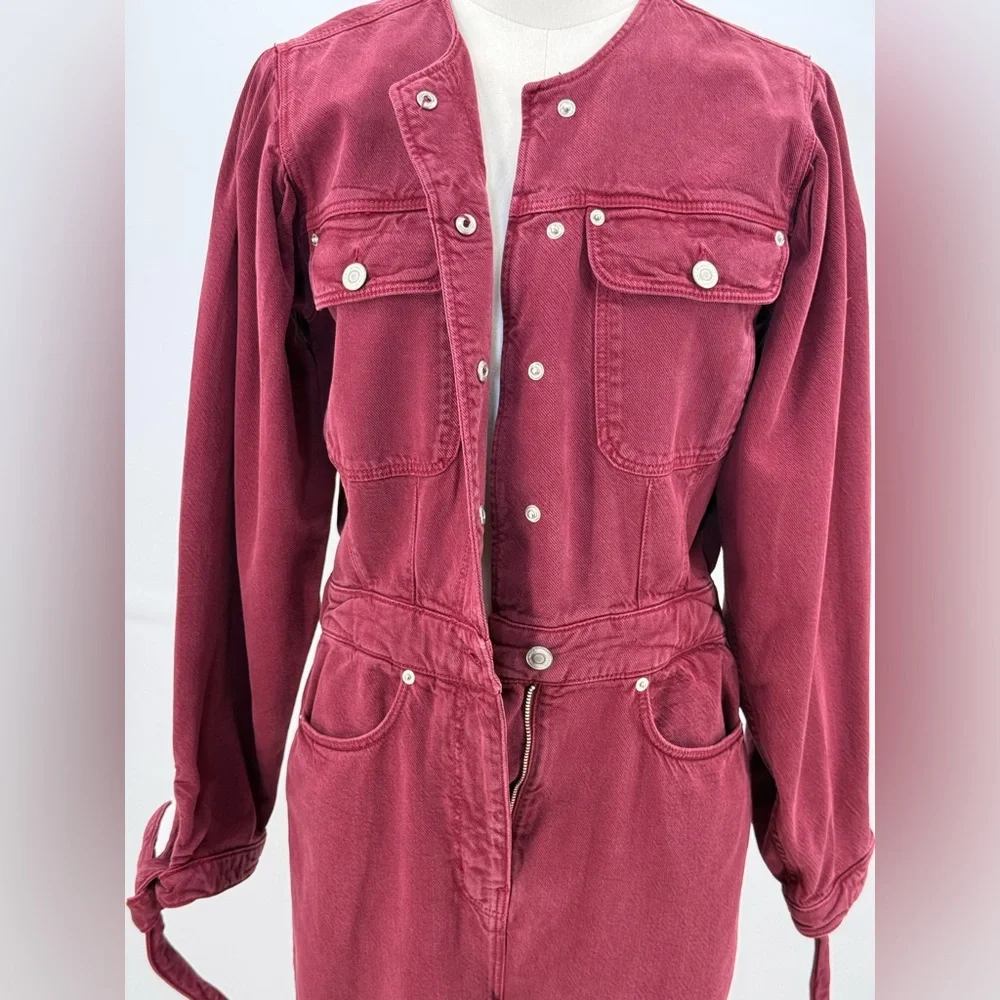 Zara The 80s Devon Burgundy Jumpsuit Long Sleeve Utility Romper Button Front - Picture 3 of 16